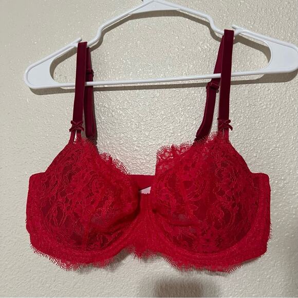 Victoria’s Secret Dream Angels Red lace velvet Push-Up without padding bra 36DD - Picture 1 of 8